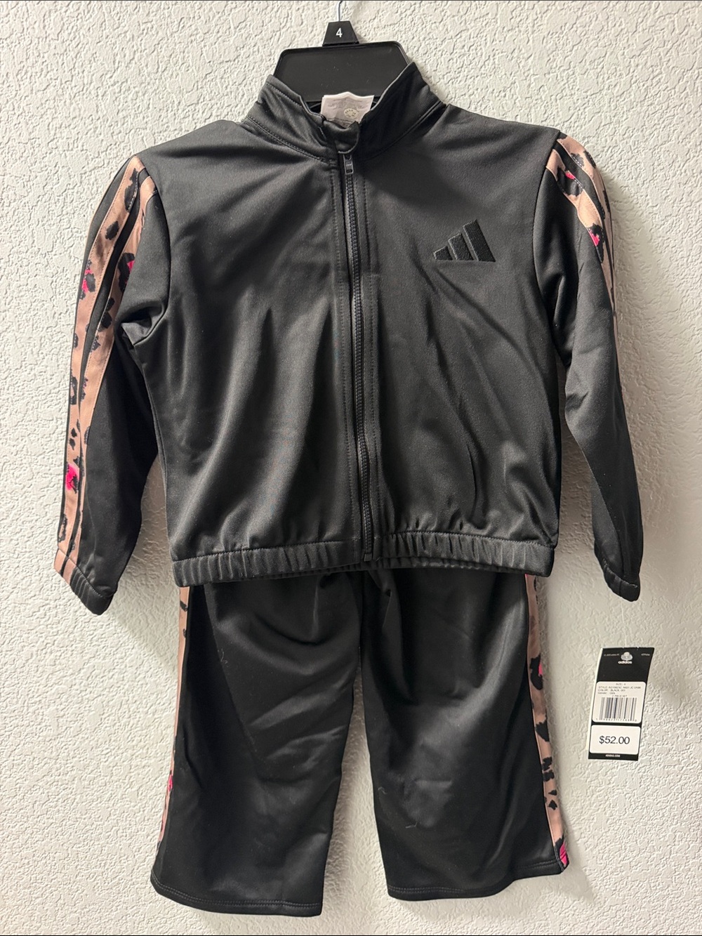 adidas Black Kids Two-Piece Track Set with Pink Leopard Accent